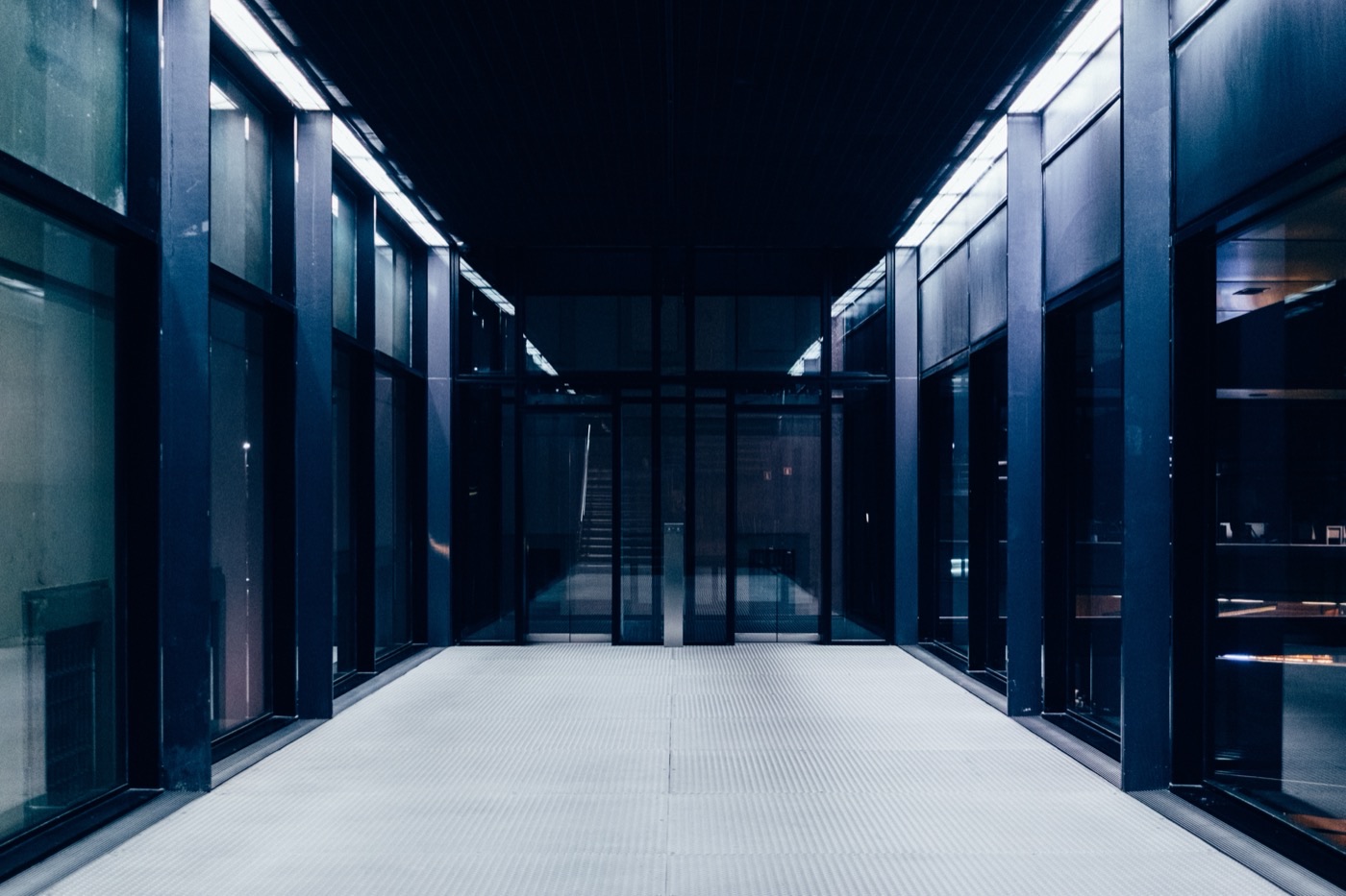 Corridor of a modern glass-and-steel building